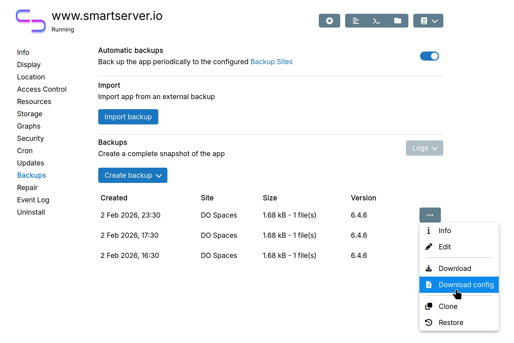 App Backups Download Configuration